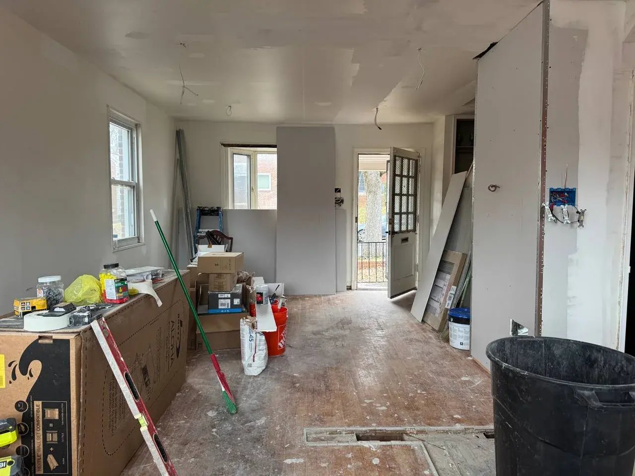 Main level after the cleanout, with new drywall in progress