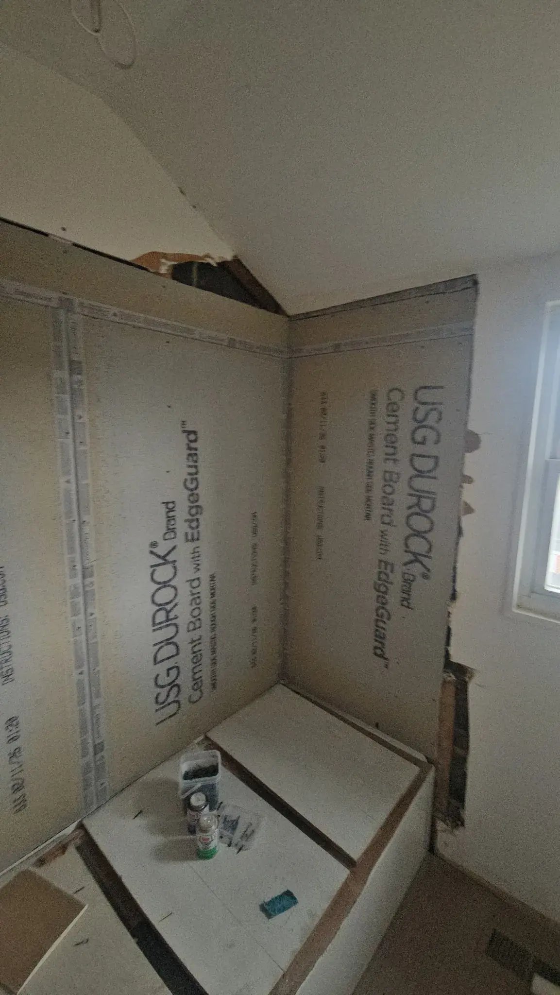 Bathroom prepped with cement board for new tile