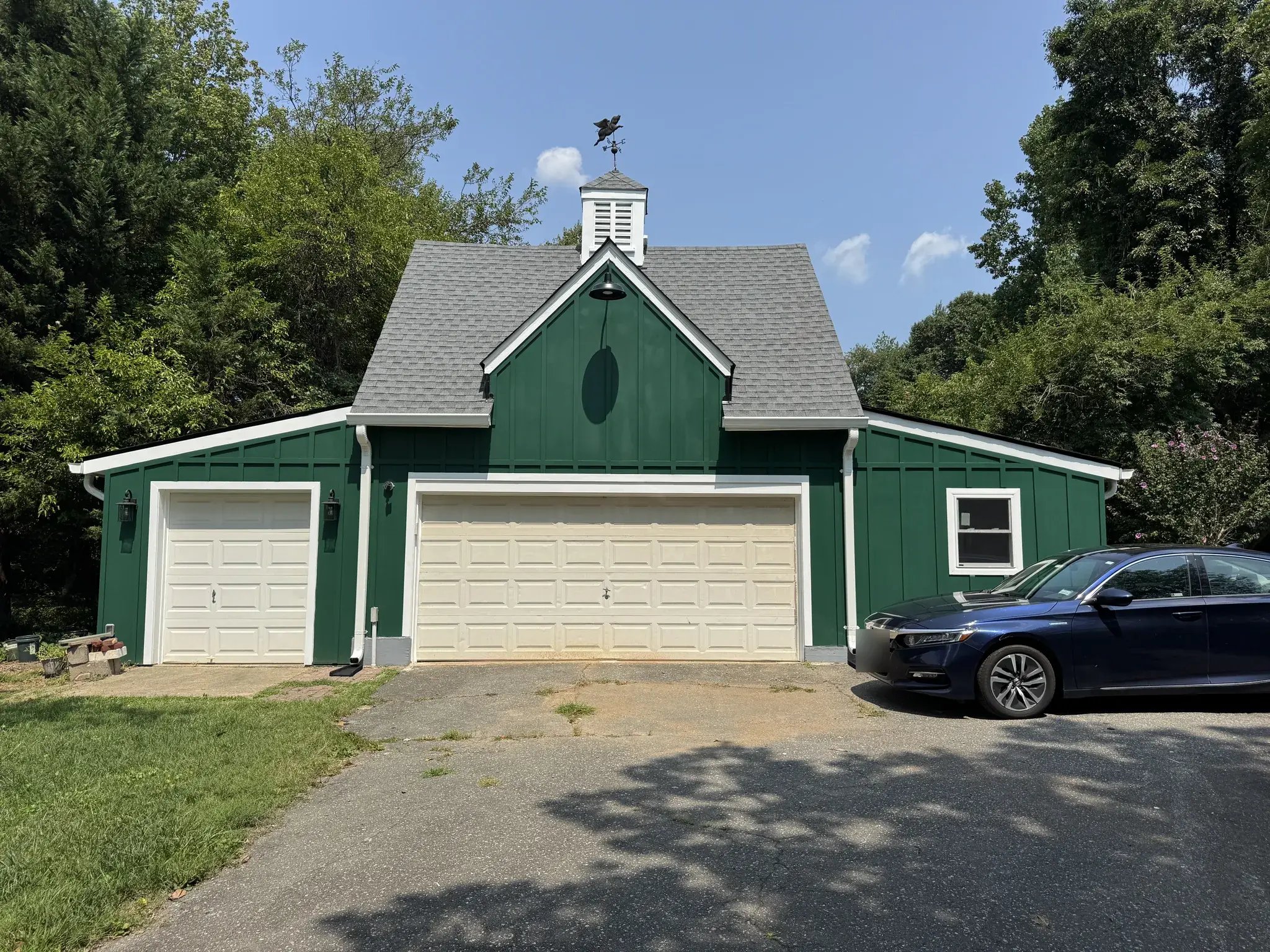 Front of the renovated garage with cupola