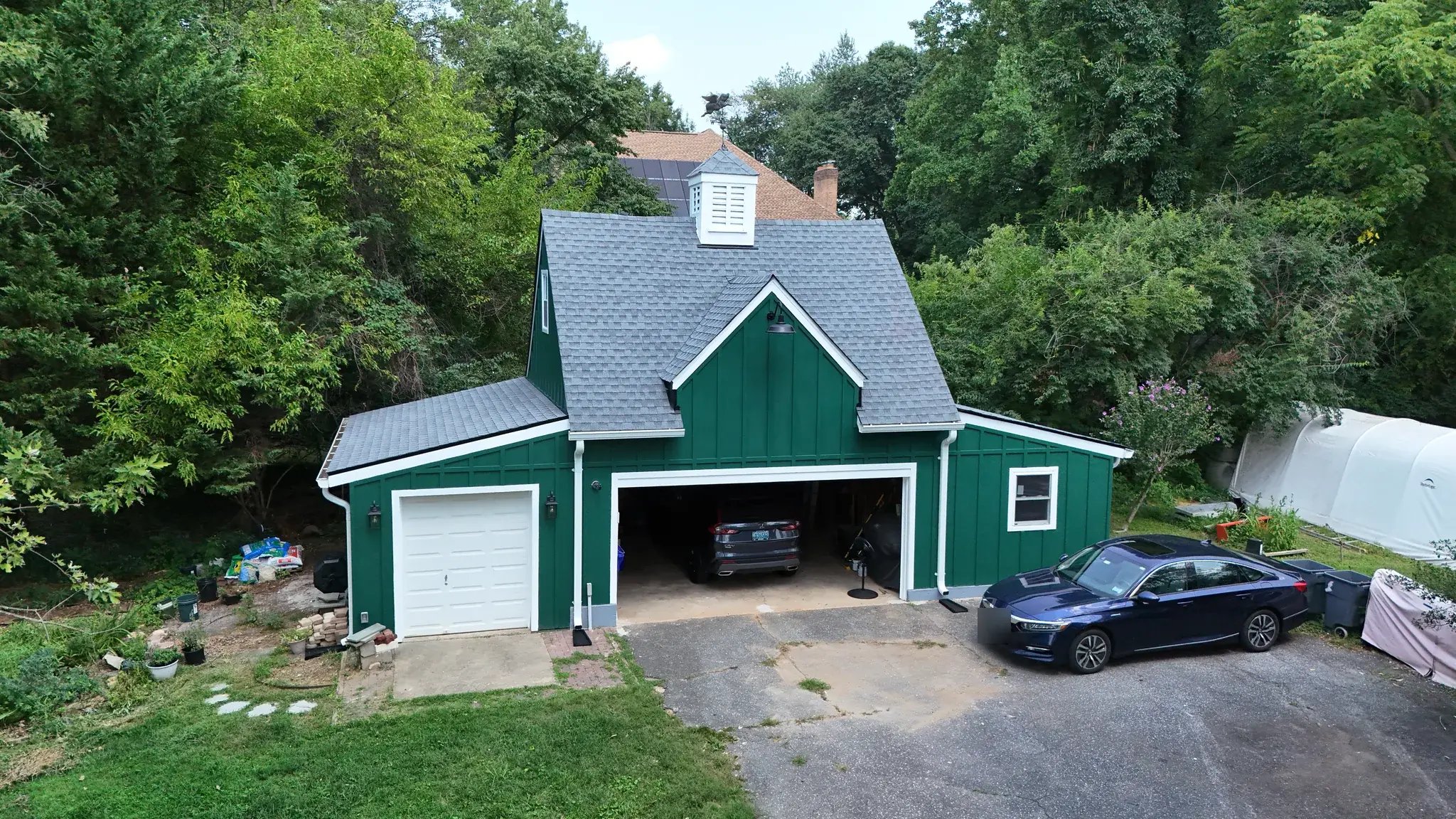 Aerial view of the renovated detached garage