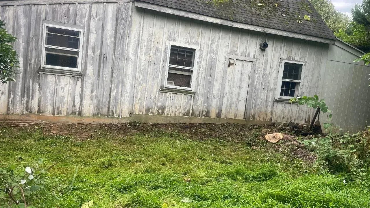 Old detached garage in Silver Spring, MD with weathered board-and-batten siding
