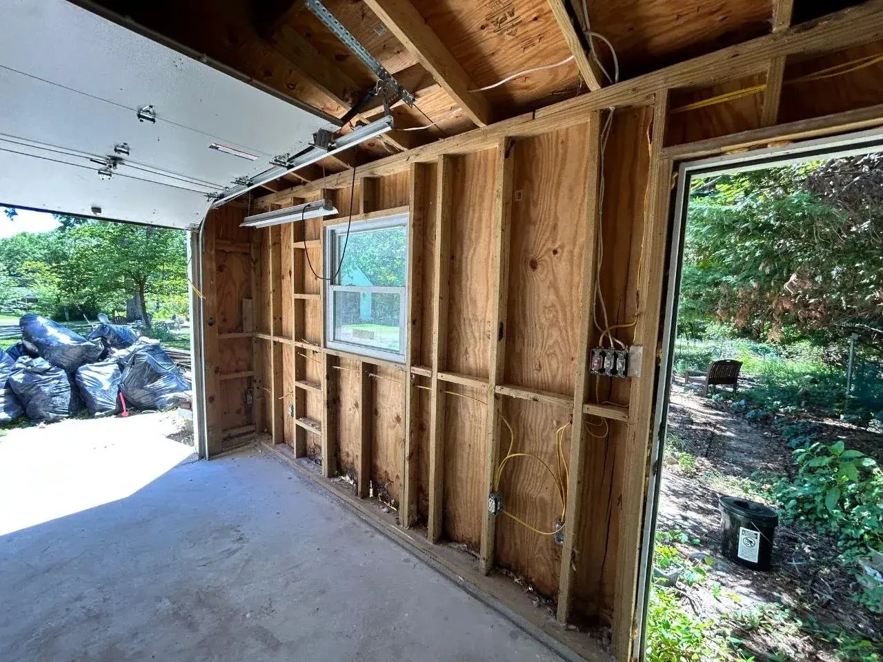 Garage interior framing exposed during renovation
