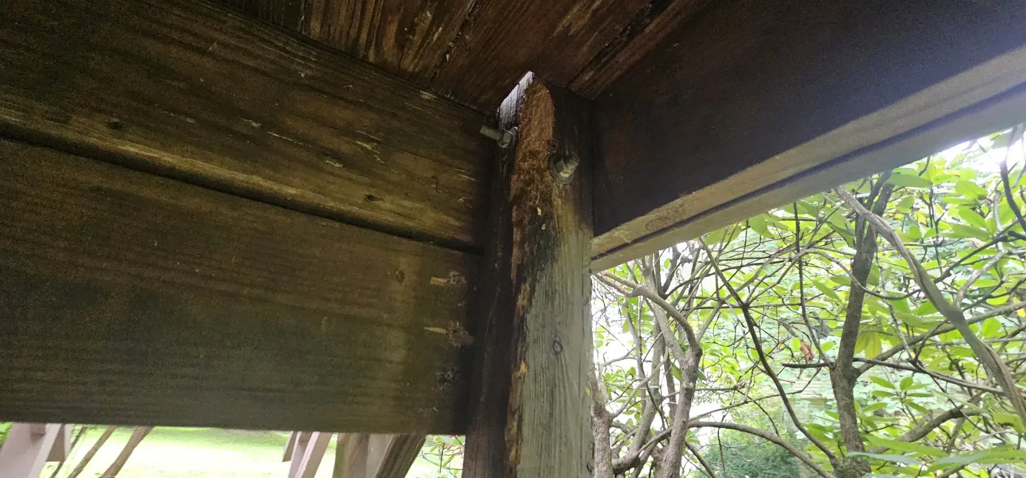 Weathered deck post and beam under the old deck