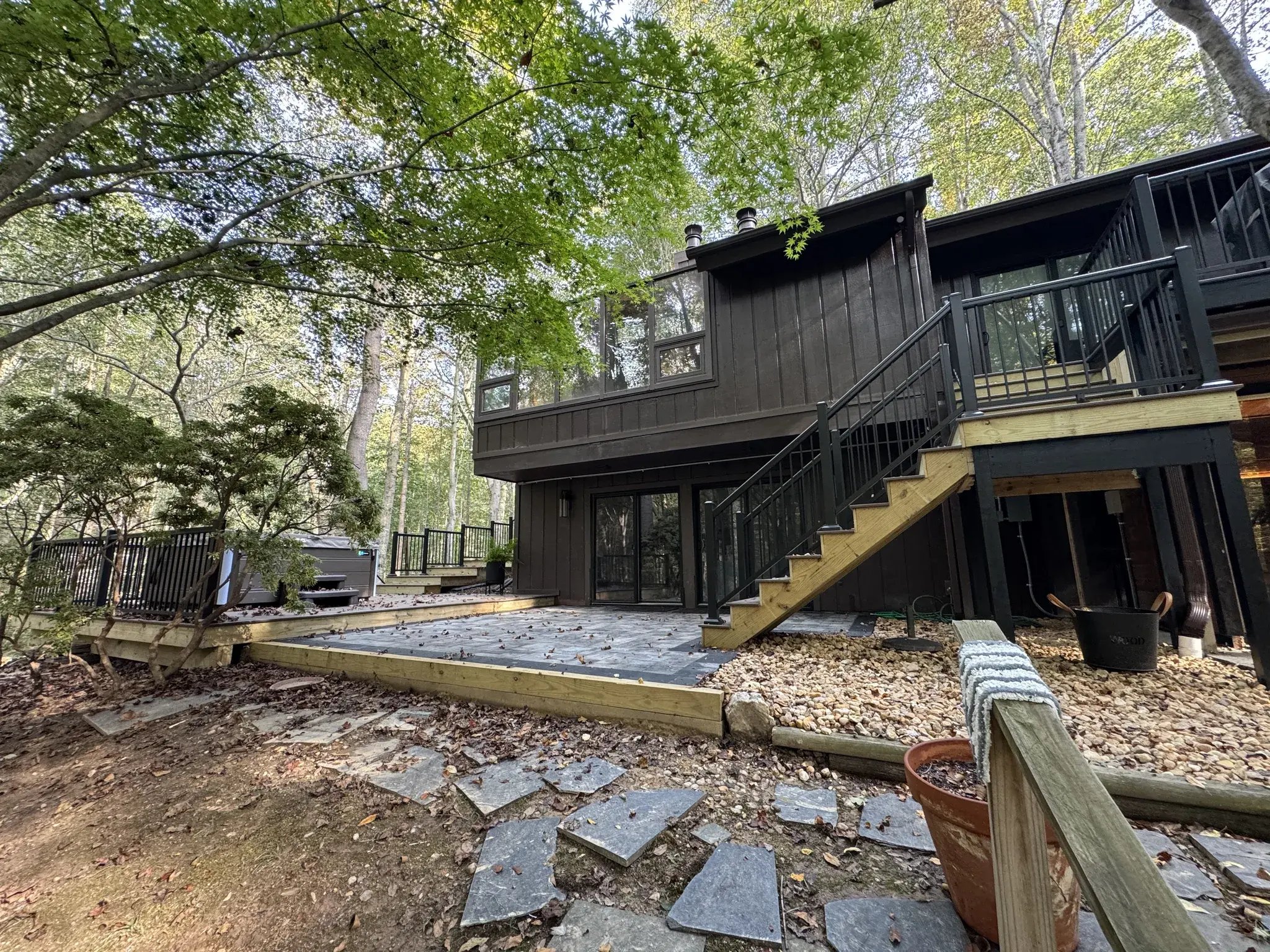 Renovated backyard with new decks, stairs and paver patio