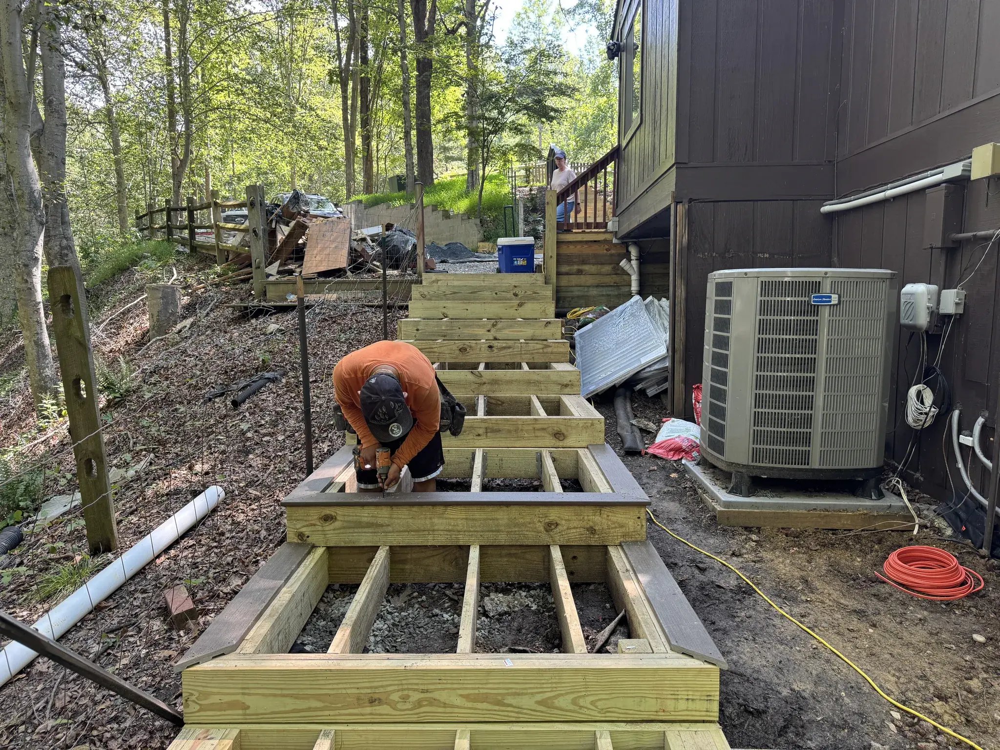 New pressure-treated frame for the walkway and stairs