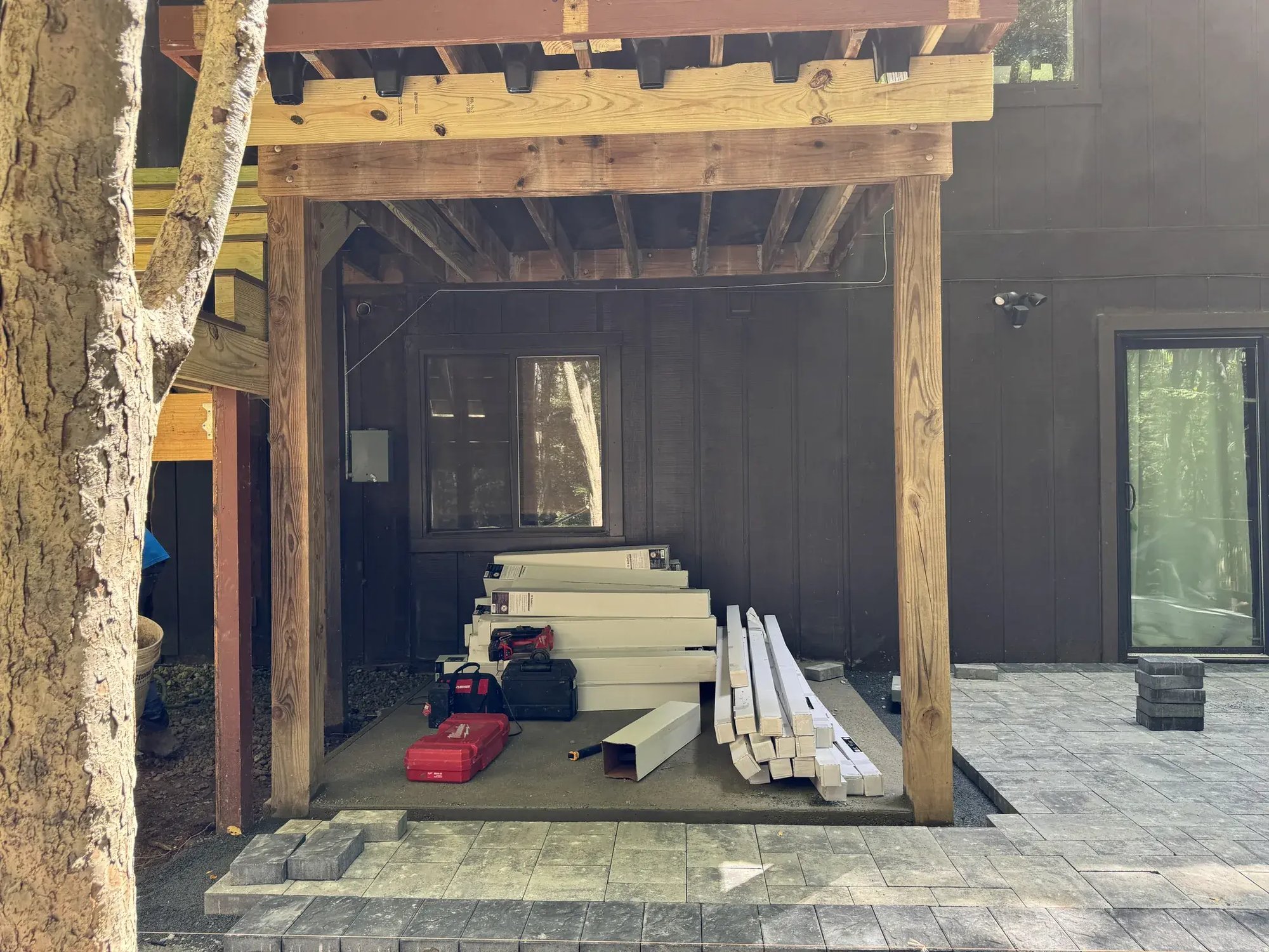 Space under the upper deck prepared for the outdoor sauna