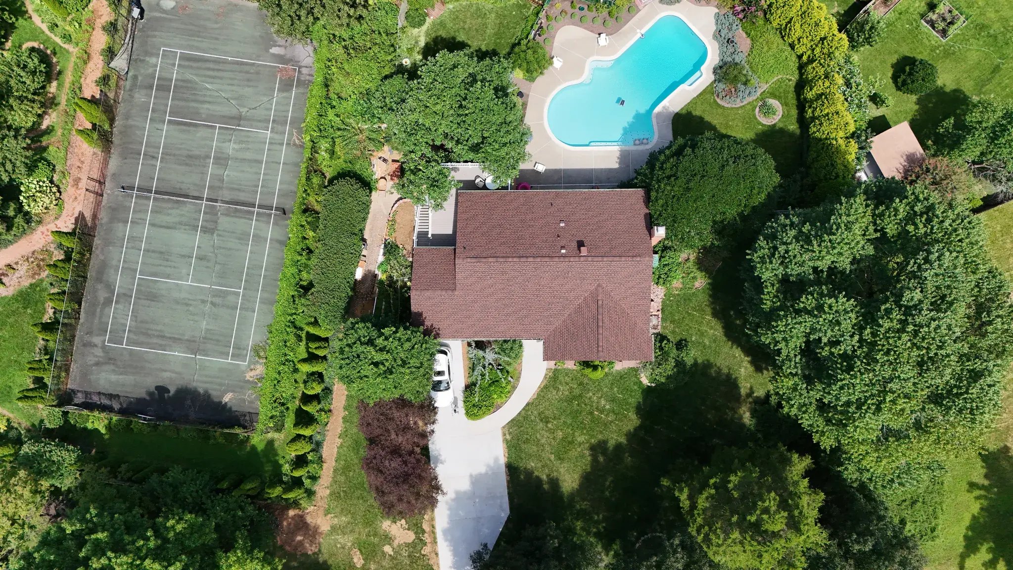 Aerial view of the house with the new roof