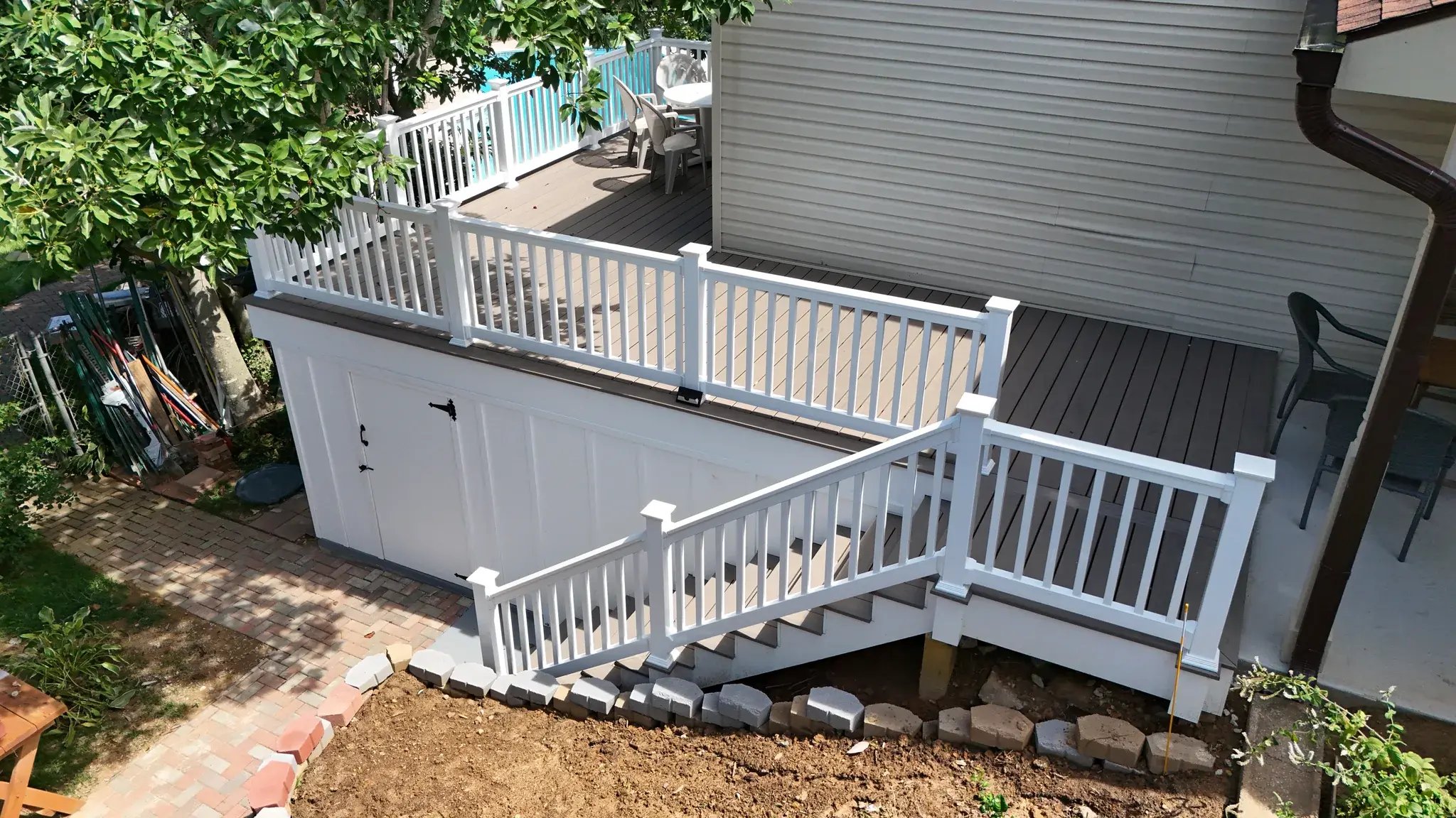 Aerial view of the new deck, stairs and storage room